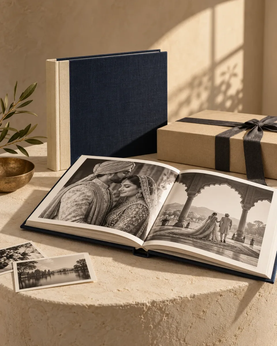 Illustrative personalised photo albums and premium gifting arrangement